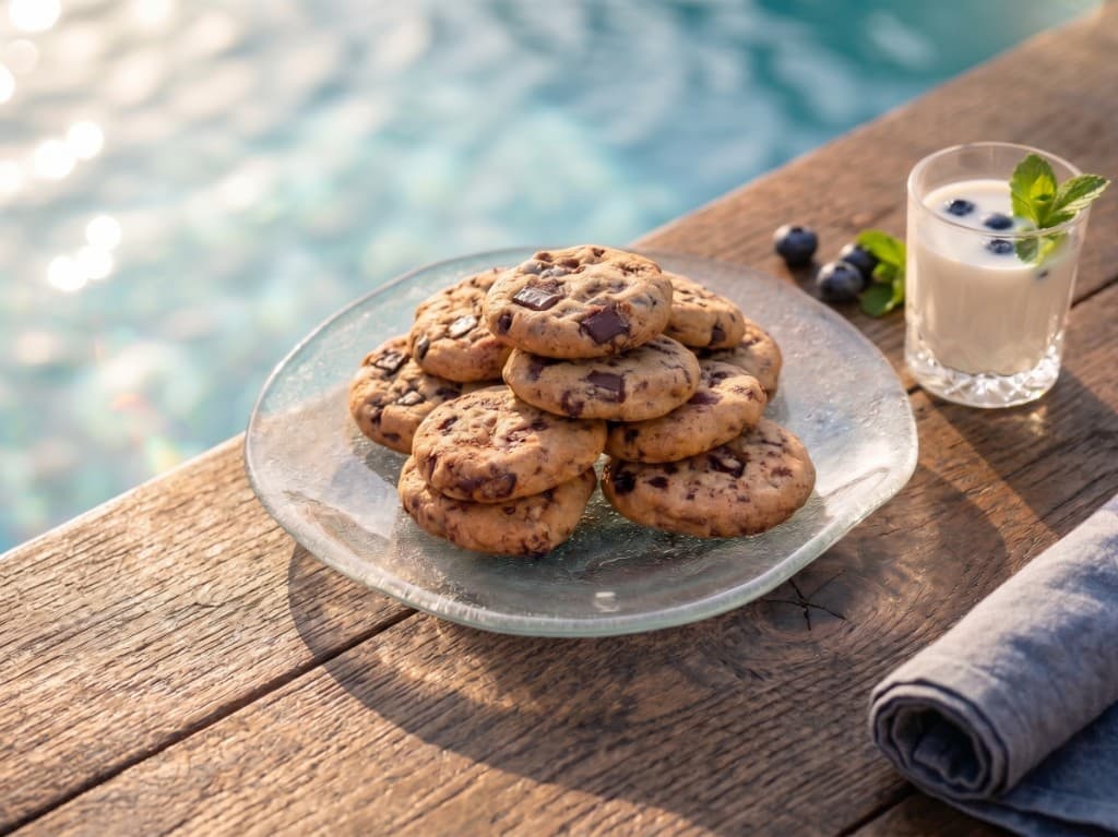 Pile de cookies artisanaux aux pépites de chocolat sur une assiette en verre, près d'une piscine à Mayotte